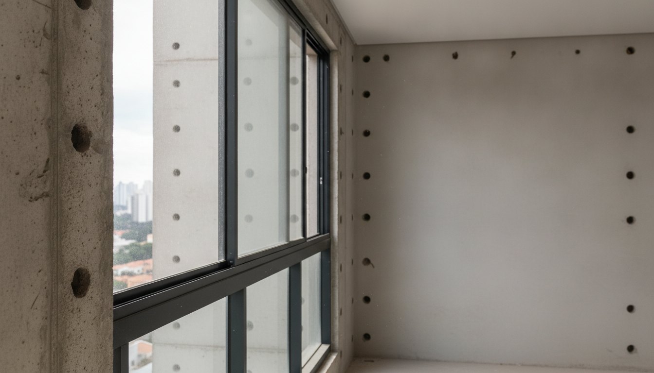 Varanda de apartamento com esquadrias de alumínio escuro e perfurações preparadas na alvenaria ao redor.