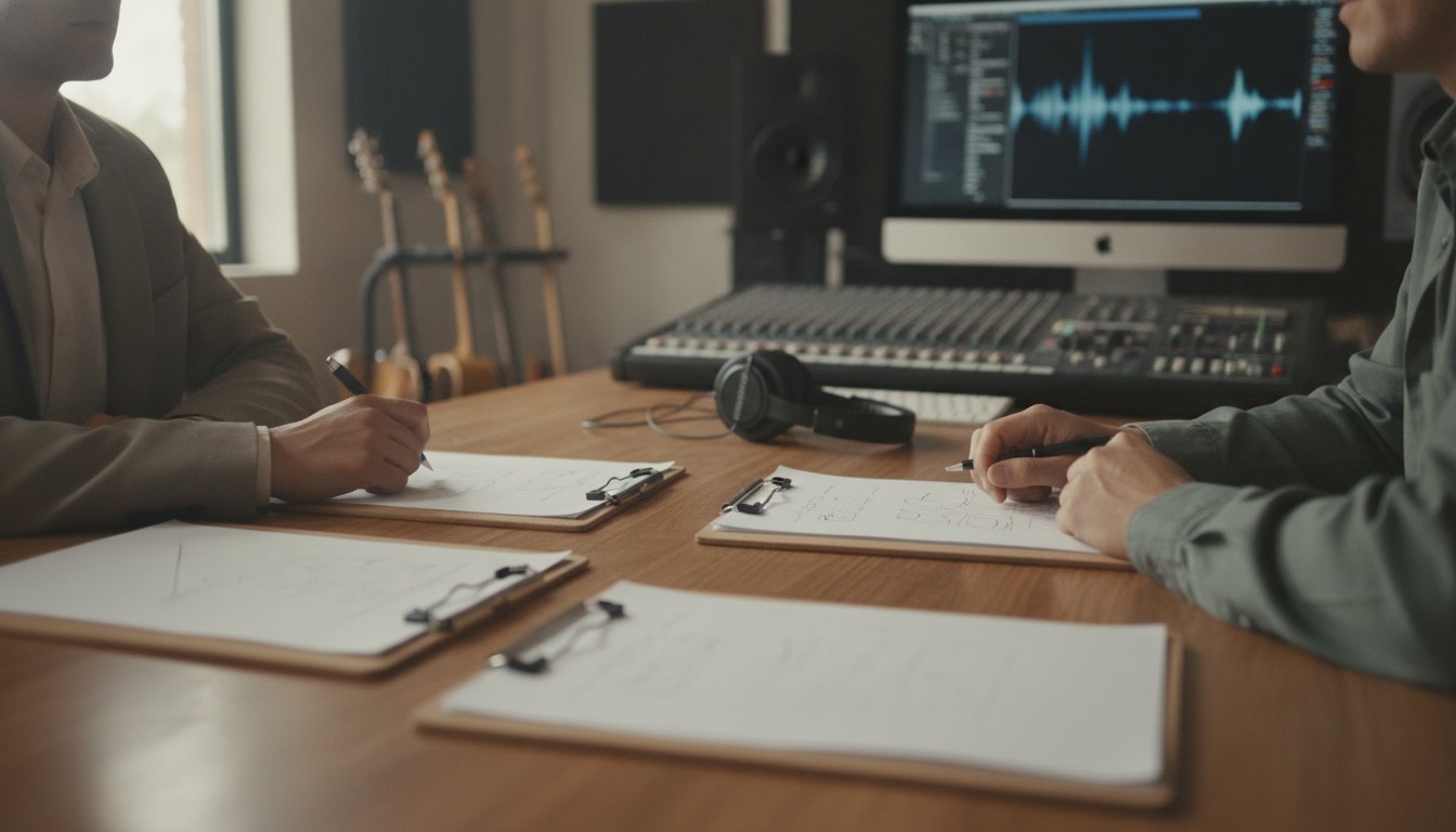 Duas pessoas sentadas em uma mesa de estúdio musical discutindo anotações em pranchetas e cadernos.
