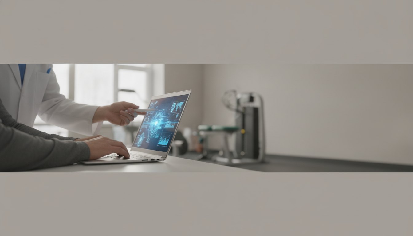 Assessor de imprensa digitando em notebook ao lado de médico no centro de treinamento esportivo