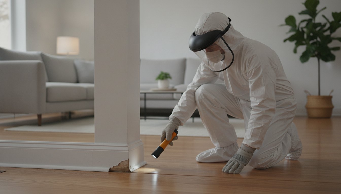 Profissional com equipamento de proteção inspecionando o rodapé de madeira em uma sala de estar.
