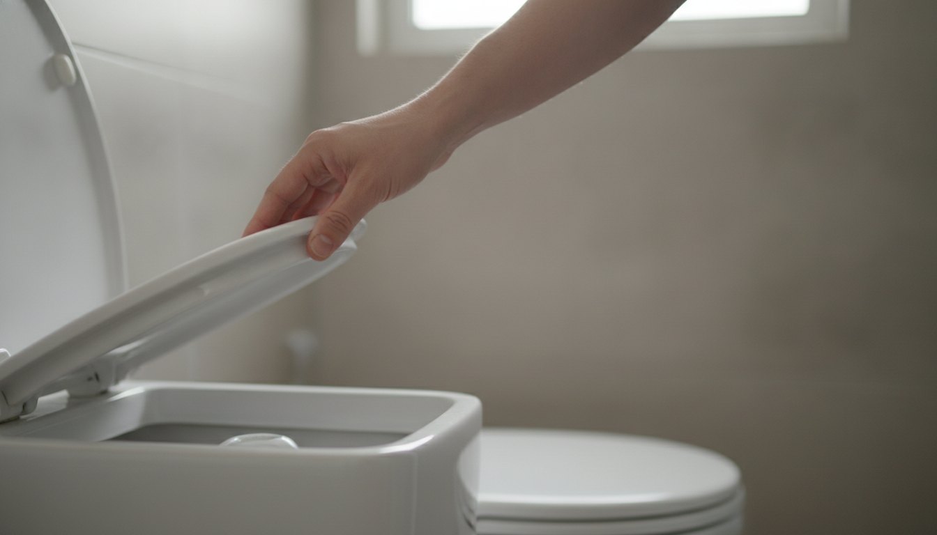 Mão segurando a tampa aberta de uma caixa acoplada de vaso sanitário branco.