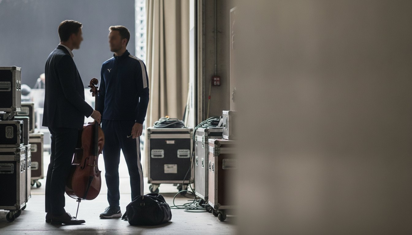 Músico segurando um instrumento e conversando com um atleta uniformizado nos bastidores de um evento