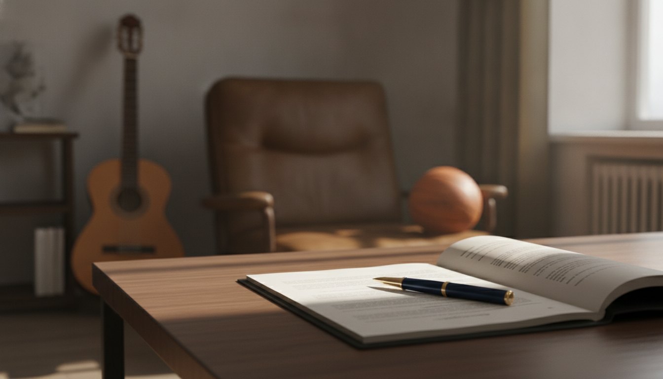 Homem assinando documentos em uma mesa, com violão e bola de basquete ao fundo.