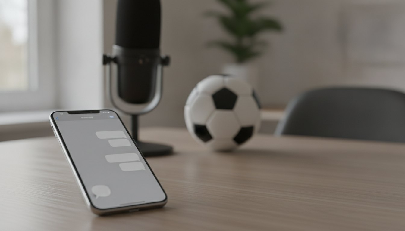 Celular sobre mesa exibindo tela de mensagens ao lado de microfone e bola de futebol desfocados.