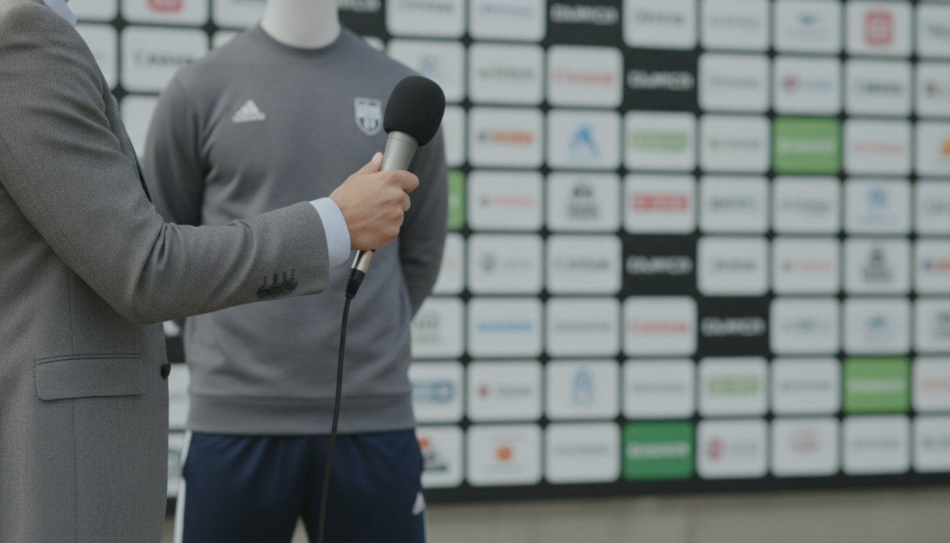 Jornalista segurando microfone e entrevistando atleta em frente a um painel repleto de logomarcas.