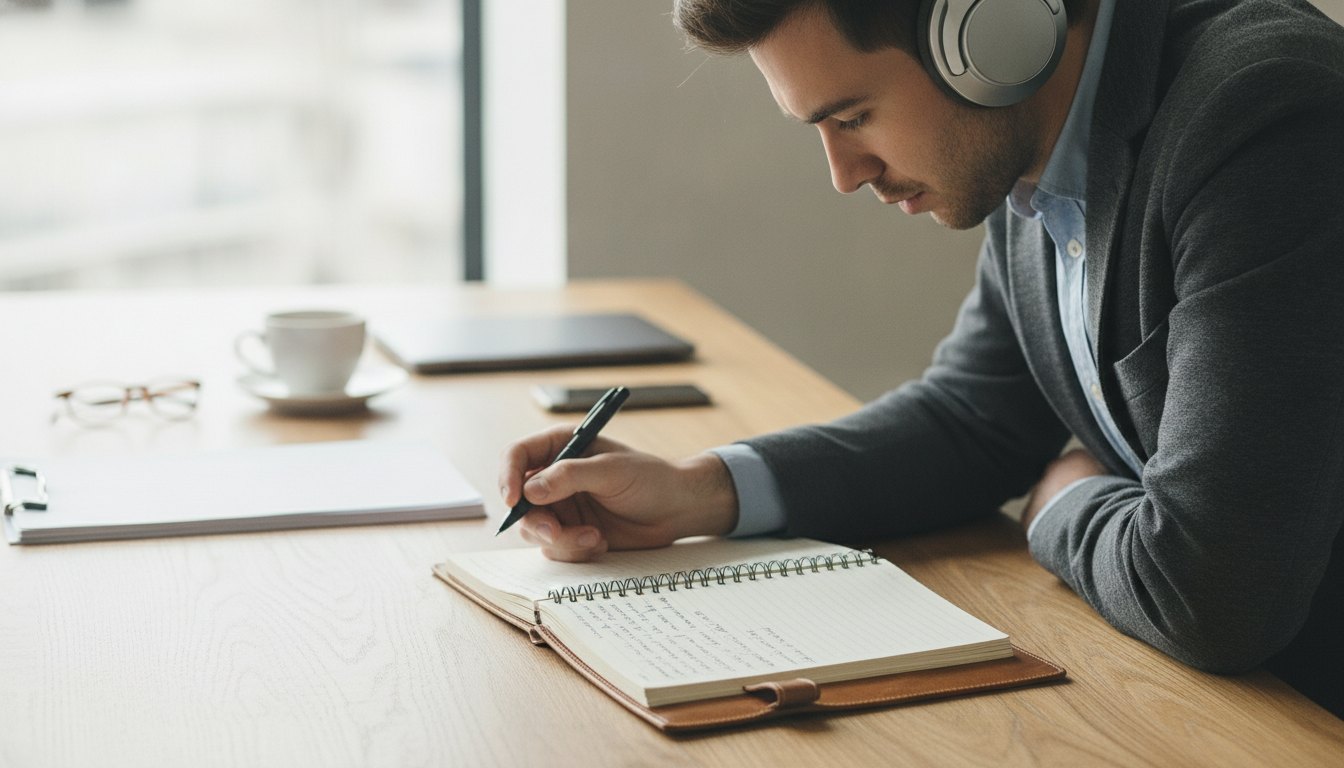 Jornalista com fones de ouvido lendo anotações em um caderno sobre a mesa de trabalho