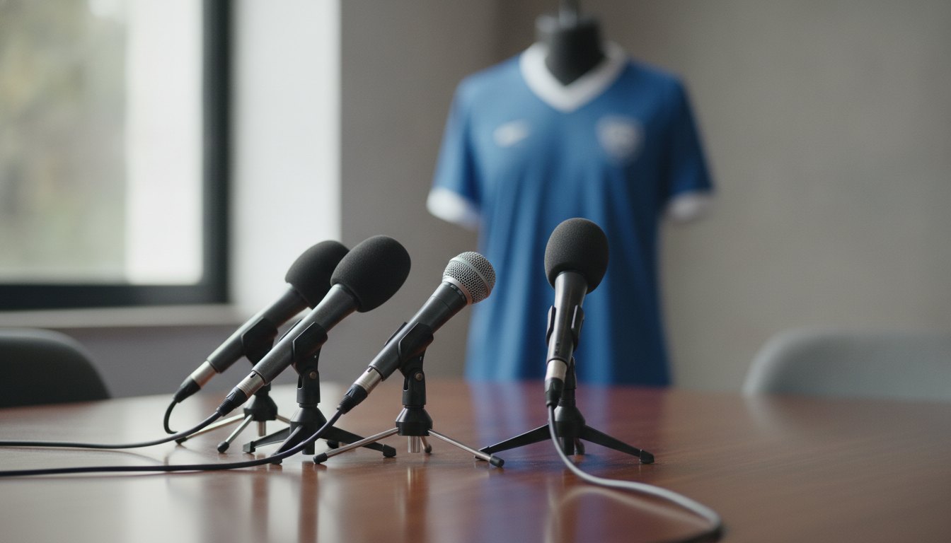 Microfones sobre uma mesa de entrevista coletiva com uma camisa esportiva dobrada ao fundo.