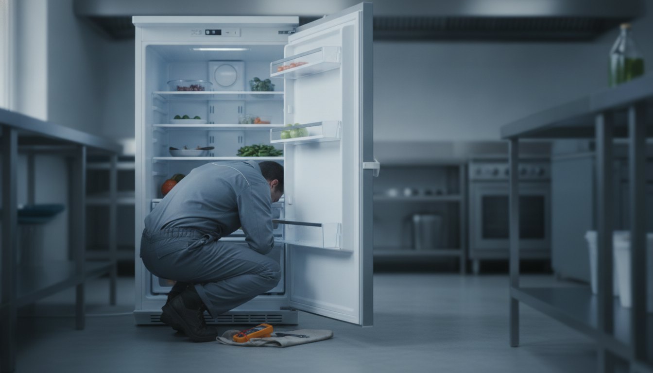 Homem agachado inspecionando o interior de uma geladeira com a porta aberta.