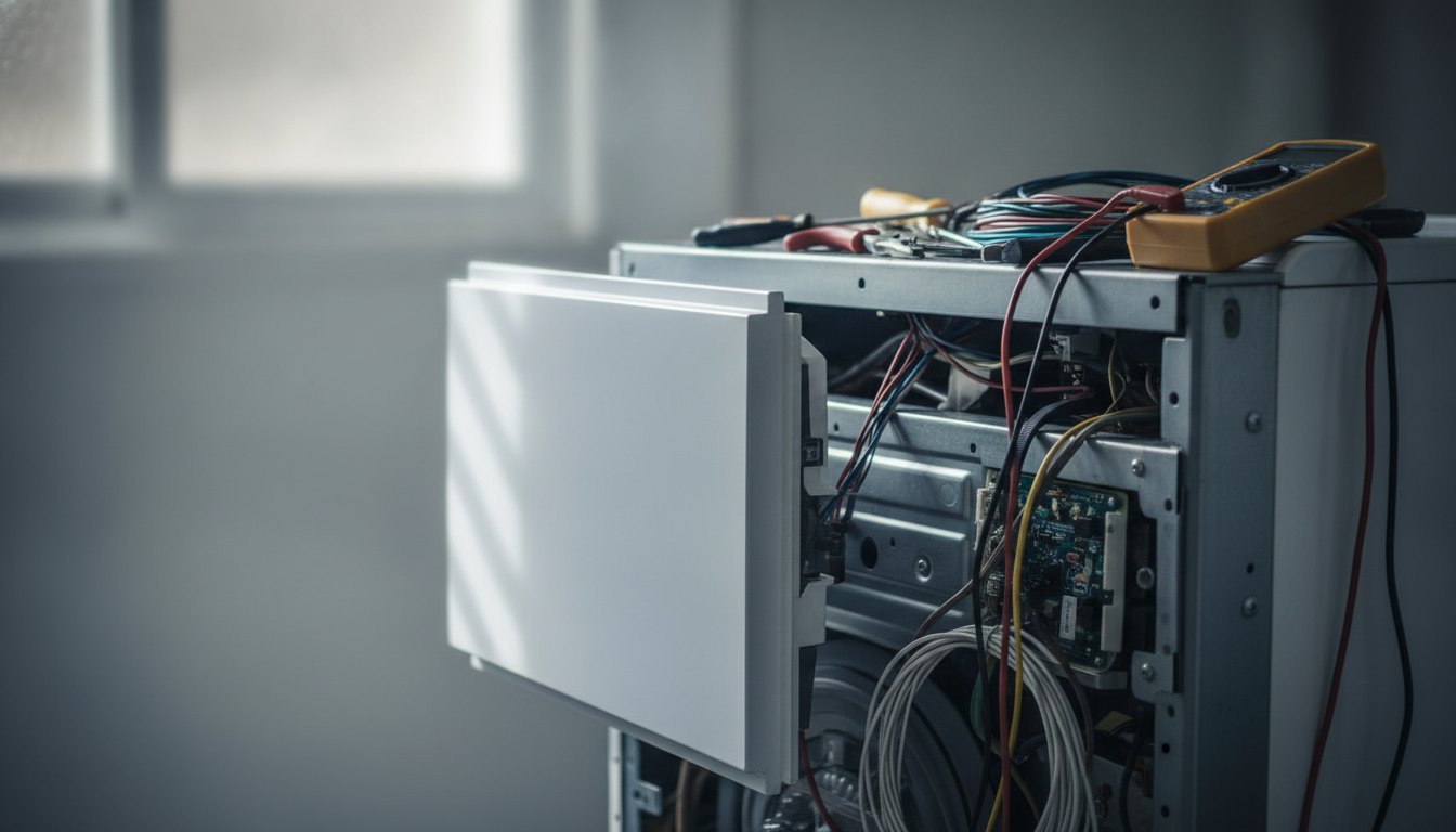 Painel aberto de uma máquina de lavar com ferramentas apoiadas sobre a estrutura interna metálica.