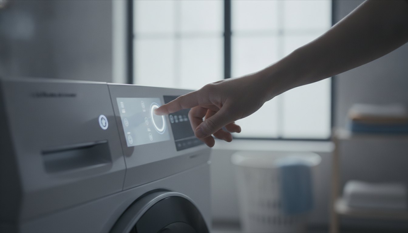 Painel digital de uma máquina de lavar com luzes acesas e uma mão apertando um botão.