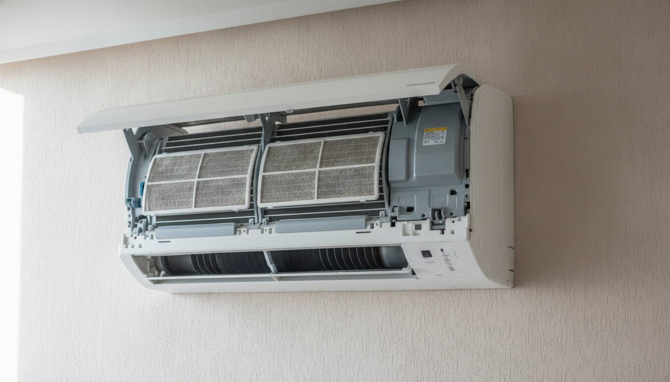 Unidade interna de um ar-condicionado split com o painel frontal aberto revelando os filtros.
