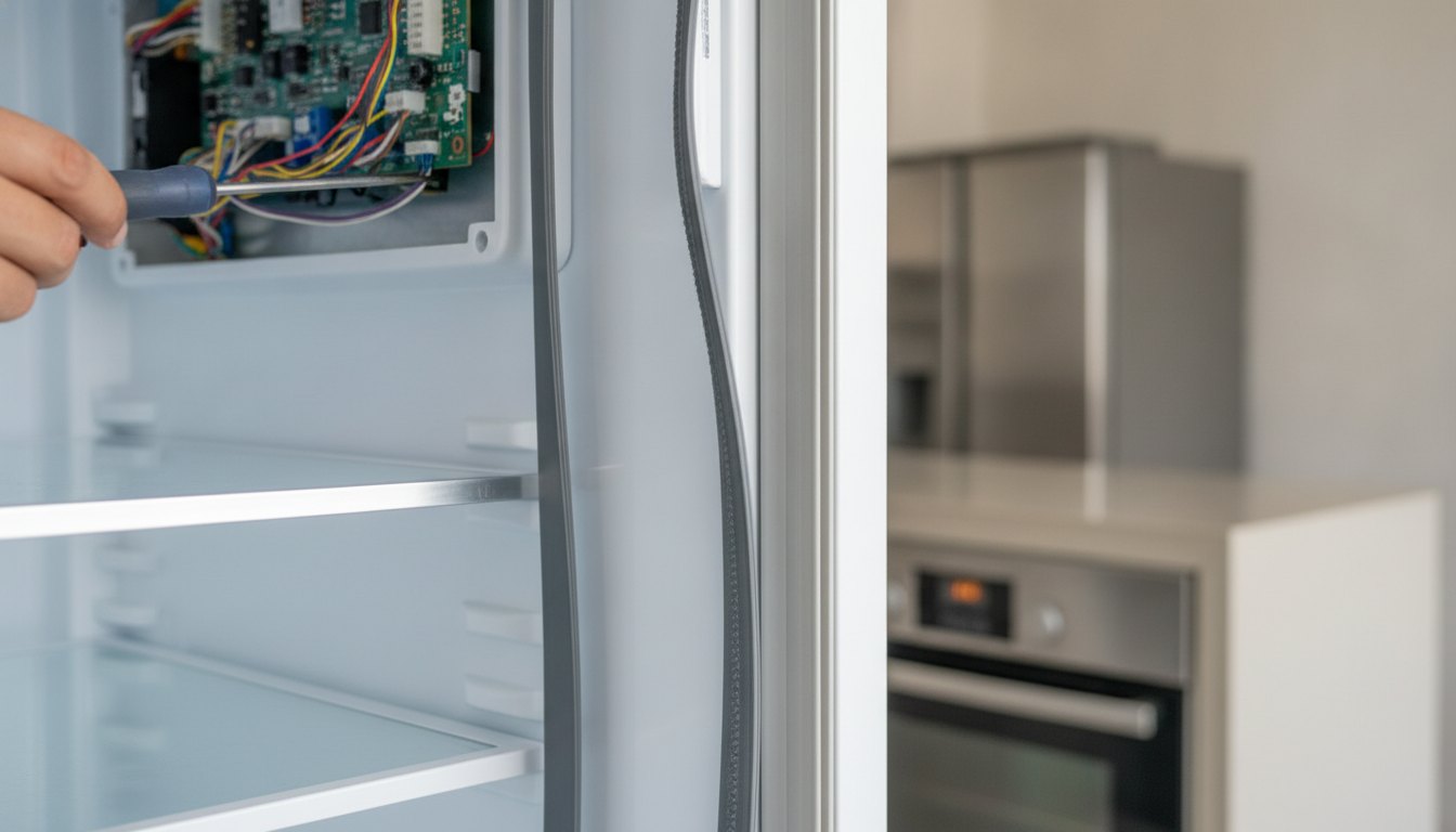 Técnico especializado inspeciona o painel eletrônico e as borrachas de vedação de uma geladeira aberta.