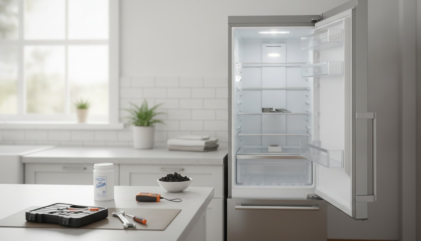 Geladeira aberta e vazia em cozinha clara de casa de praia, com bancada ao lado