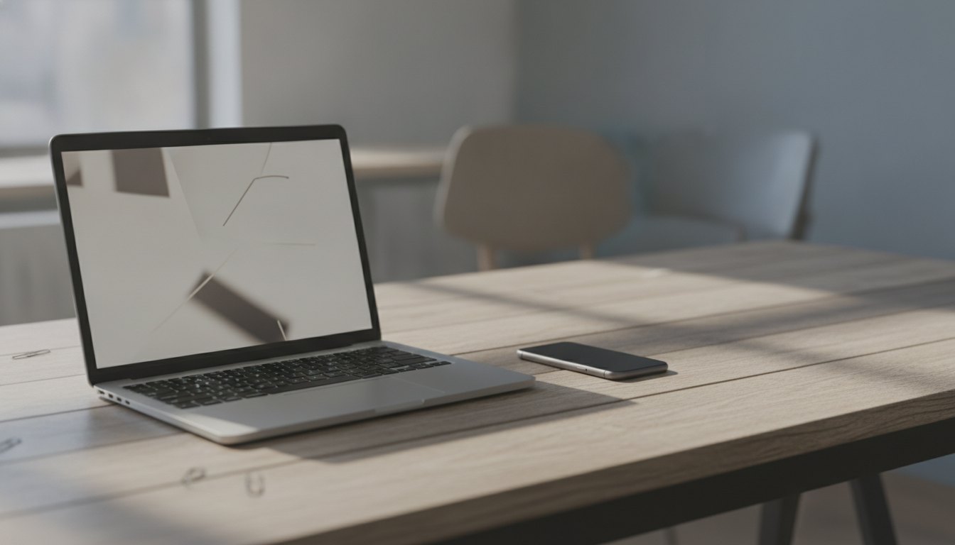 Profissional de comunicação digitando em um notebook sobre mesa de madeira com celular ao lado.
