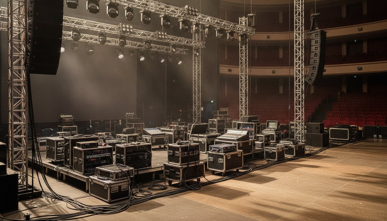 Equipe técnica montando equipamentos de som e iluminação em um palco antes do evento.