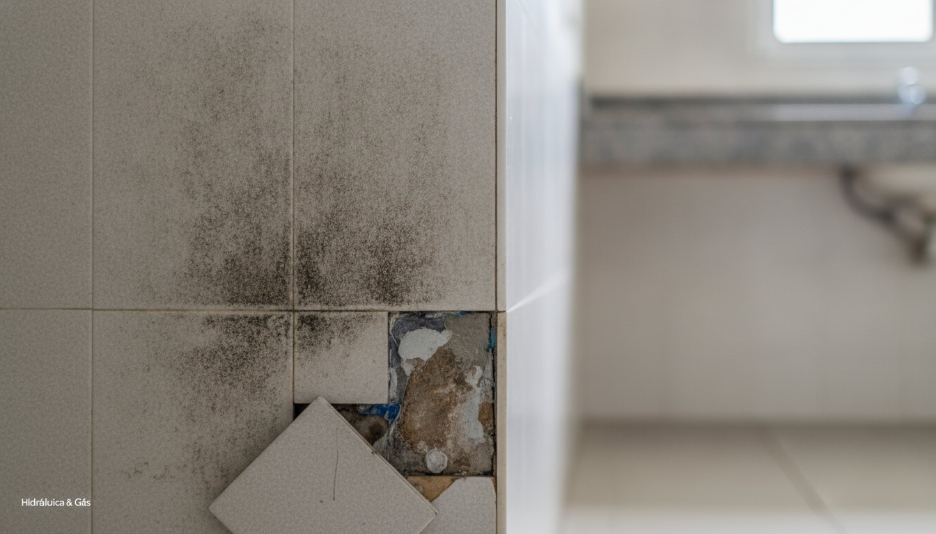 Parede de banheiro com manchas escuras de umidade e azulejos levemente descolados perto do piso.