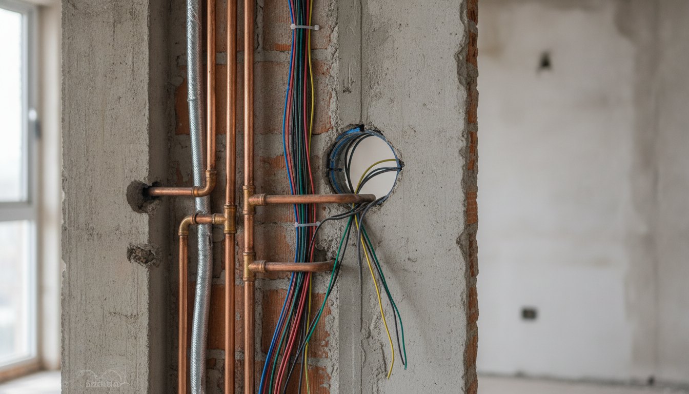 Parede em obras com tubulação de cobre e fios elétricos aparentes para ar-condicionado.