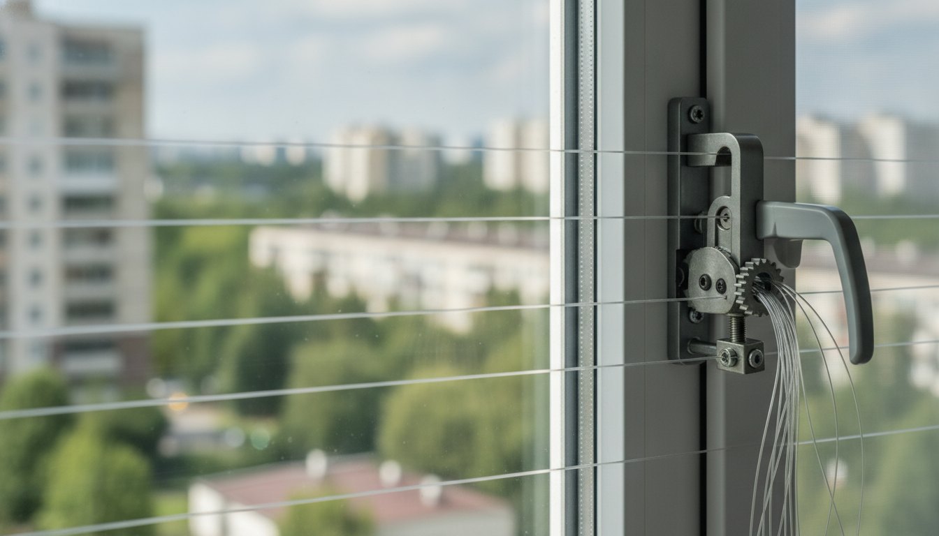 Profissional com ferramentas ajustando a tensão dos fios sintéticos em uma janela de apartamento residencial.