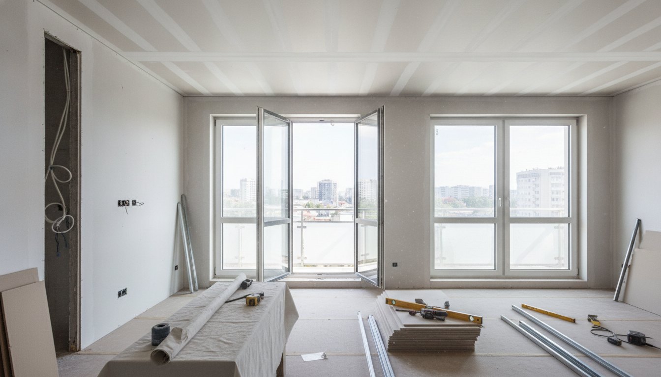 Sala de apartamento em reforma com placas de gesso no teto e grandes janelas abertas.
