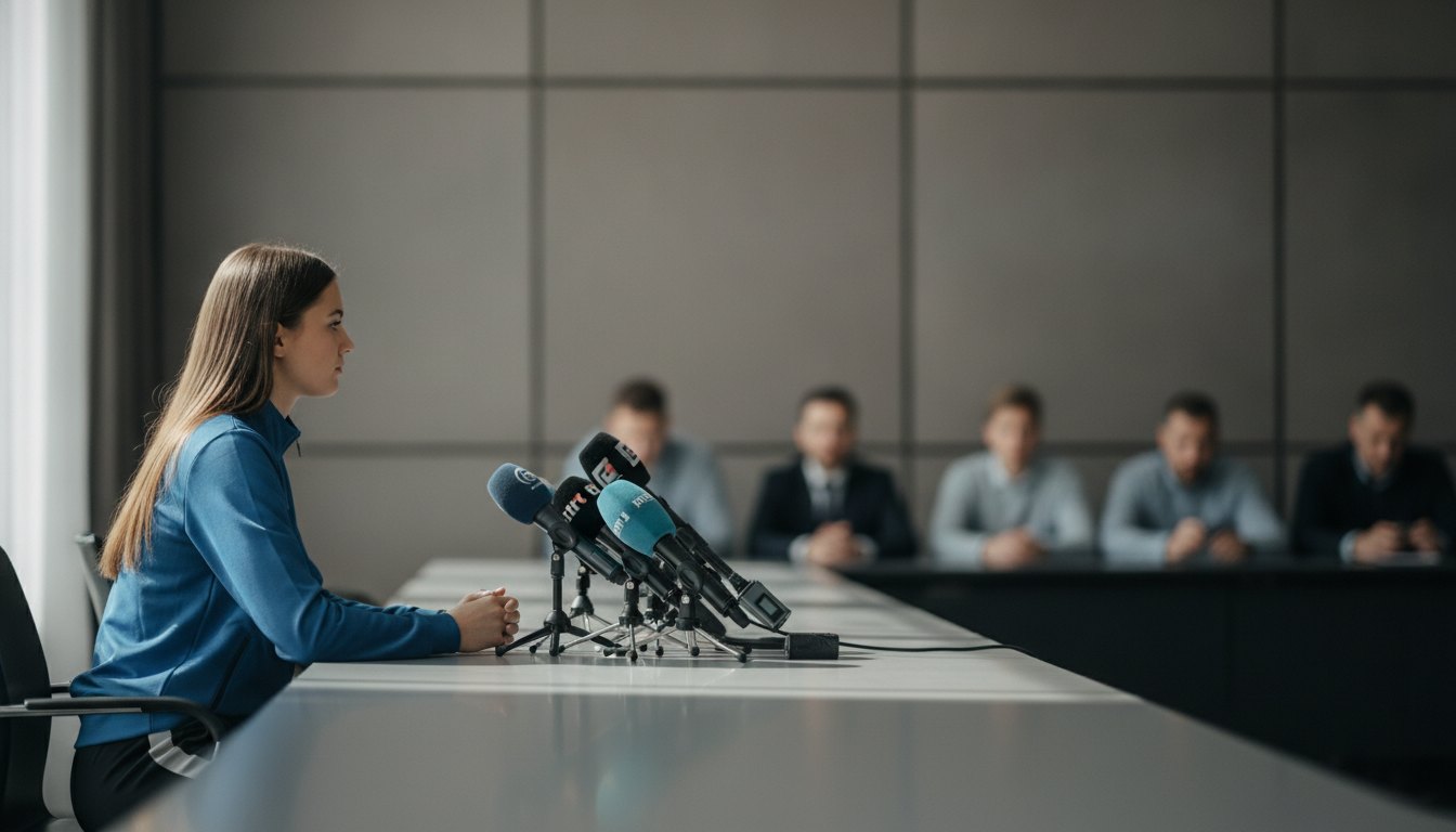 Jovem atleta de uniforme sentada diante de microfones enquanto concede entrevista para repórteres.