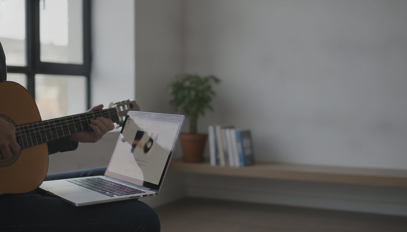 Músico com violão no colo sentado em frente a um notebook com tela de portfólio aberta