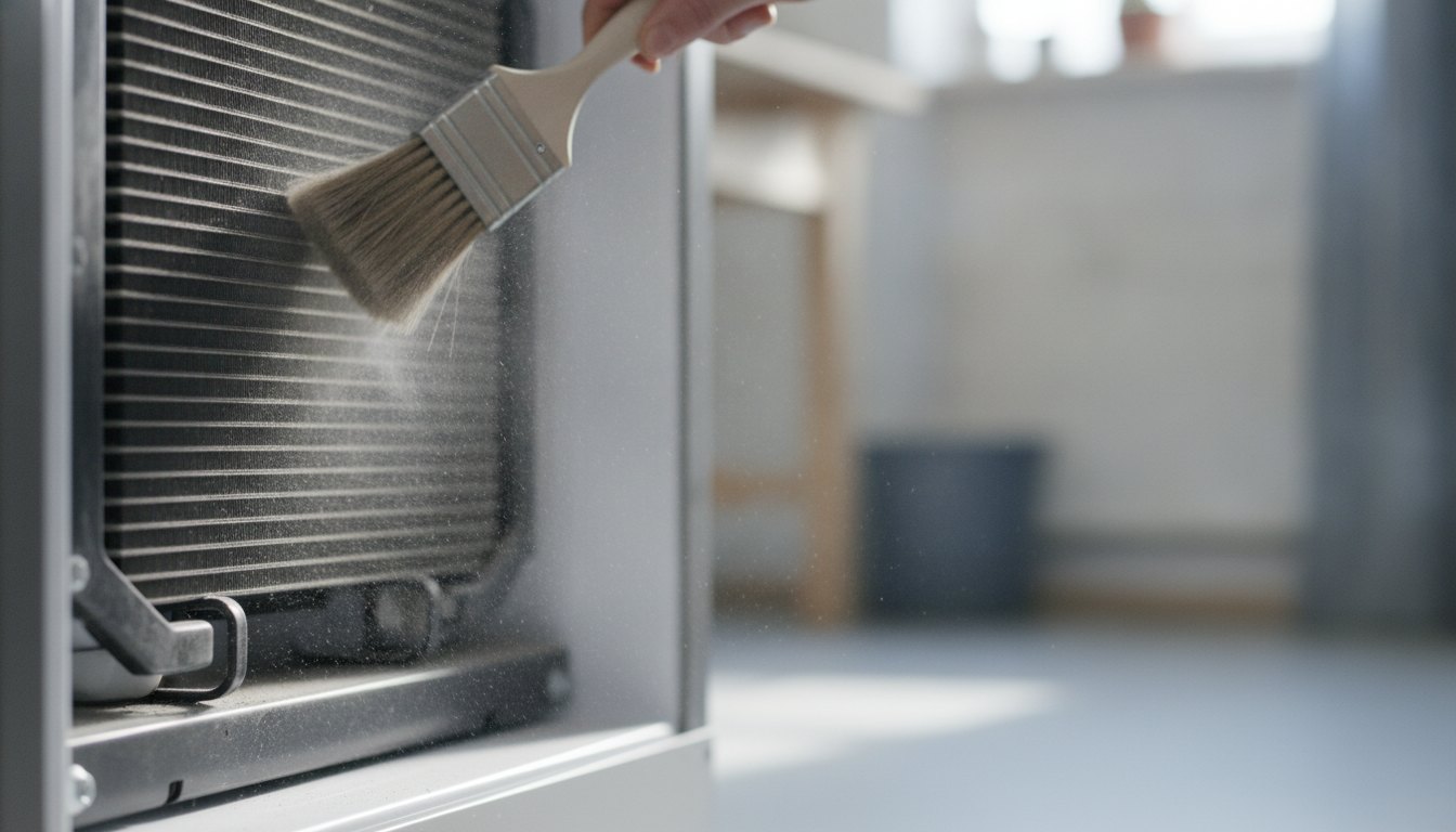 Técnico utilizando uma escova de cerdas macias para remover poeira da grade de um refrigerador.