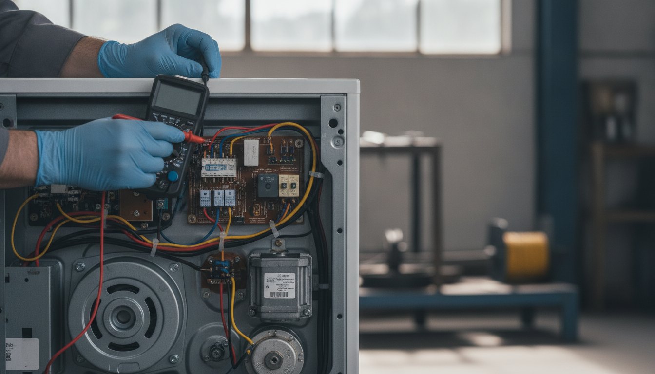 Técnico com luvas e multímetro inspecionando o painel traseiro aberto de uma máquina de lavar.