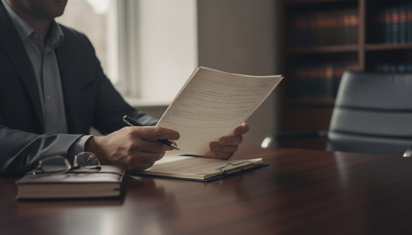 Homem segurando documentos e caneta sentado à mesa com expressão de preocupação.