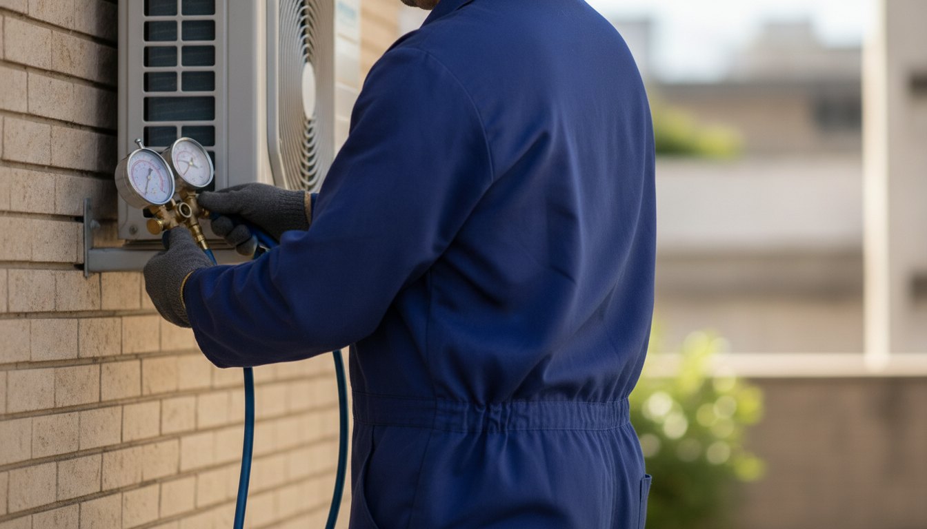Técnico de uniforme azul conectando manômetro à válvula de um ar-condicionado externo na parede.