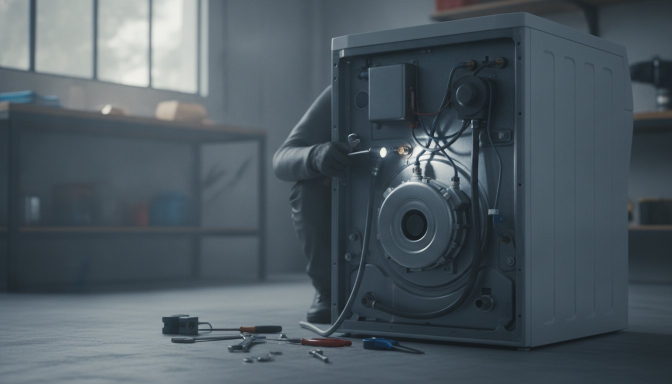Técnico inspecionando a parte traseira de uma máquina de lavar com ferramentas em mãos.