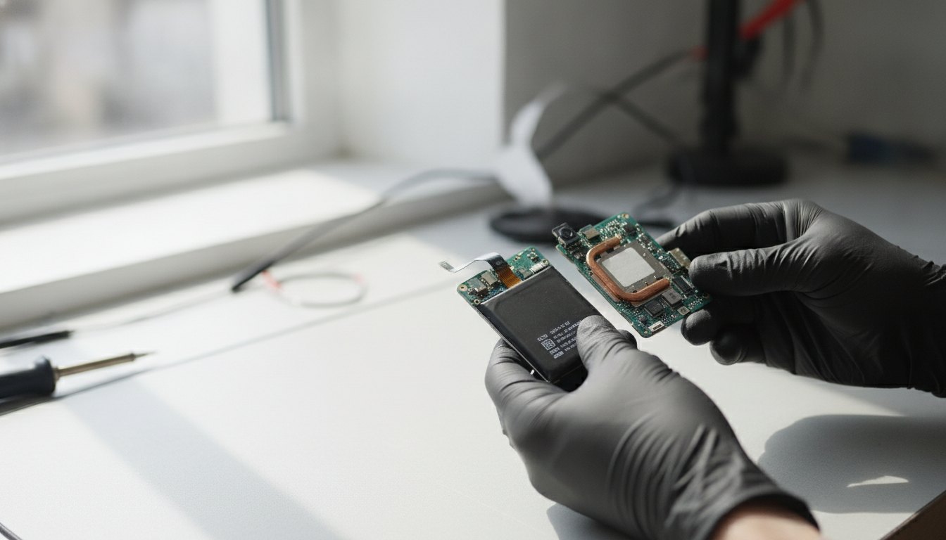 Técnico com luvas segurando peças internas de um smartphone desmontado sobre bancada iluminada.
