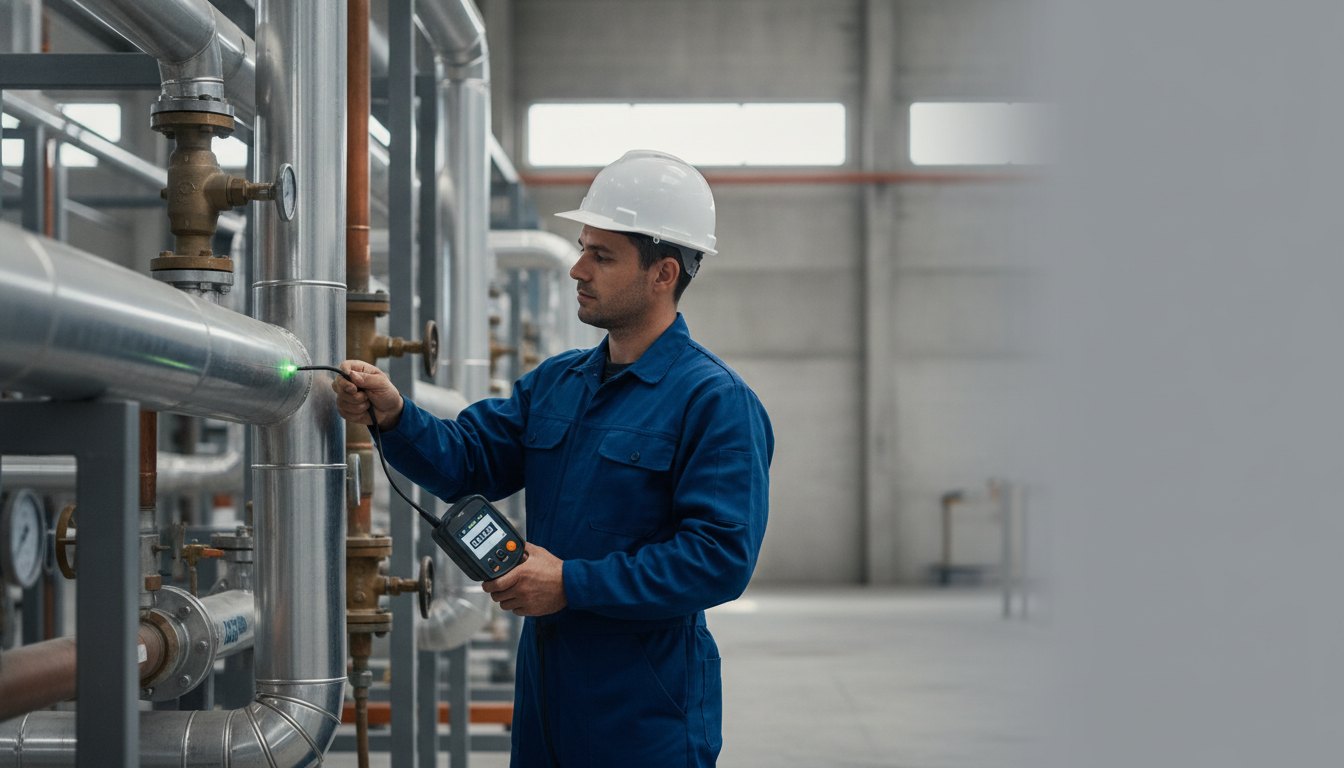 Técnico com uniforme inspecionando uma tubulação metálica de gás com um detector eletrônico de vazamentos.