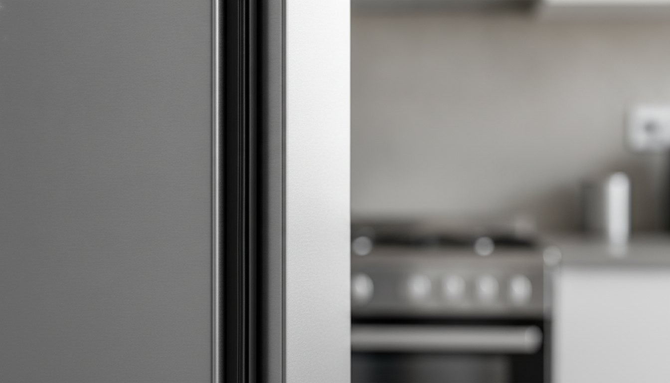 Porta de refrigerador de inox entreaberta mostrando a borracha de vedação preta ao longo da lateral.